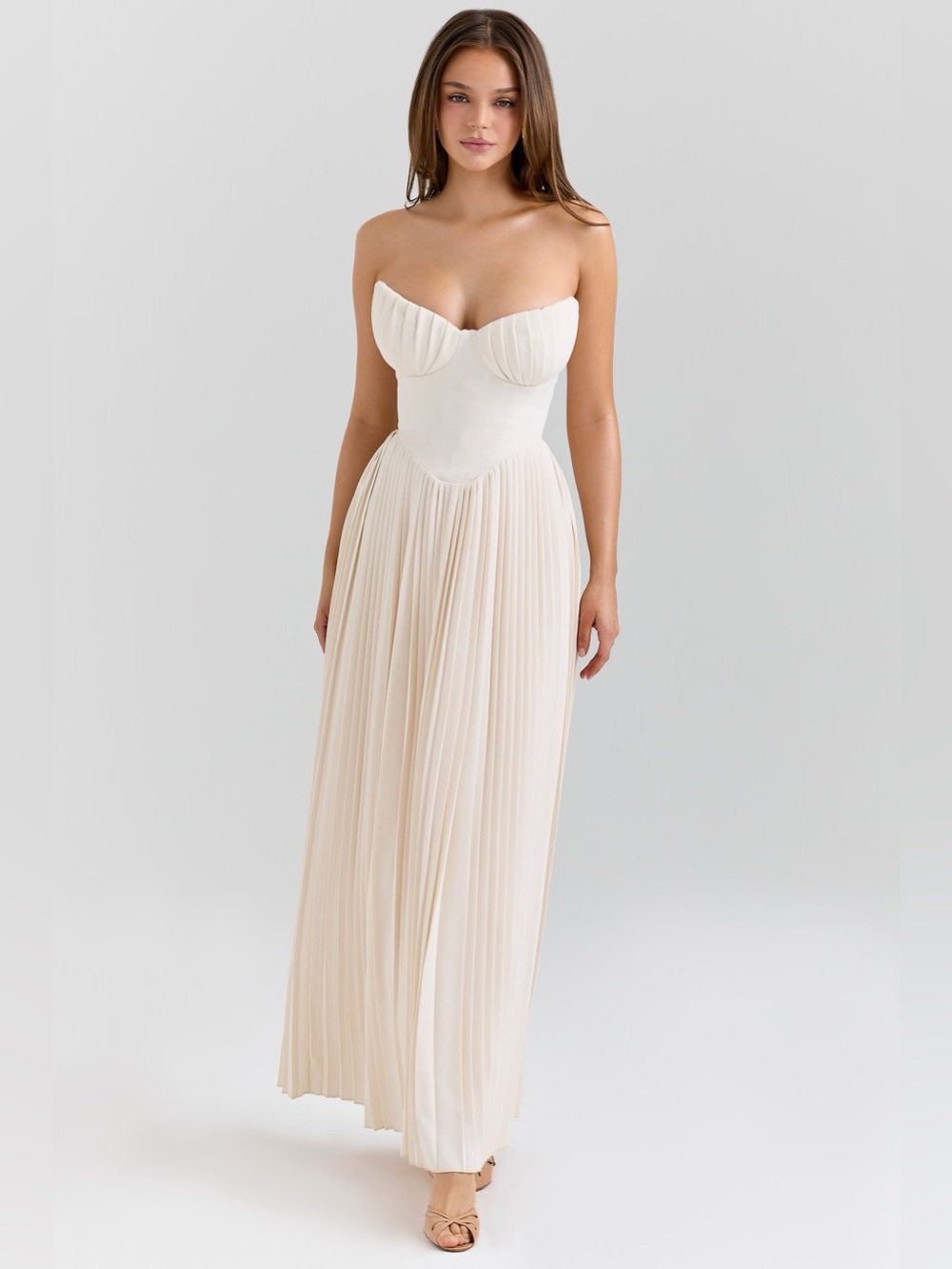 HOUSE OF CB 'Marcella' Ivory Georgette Pleated Maxi Dress NWOT
